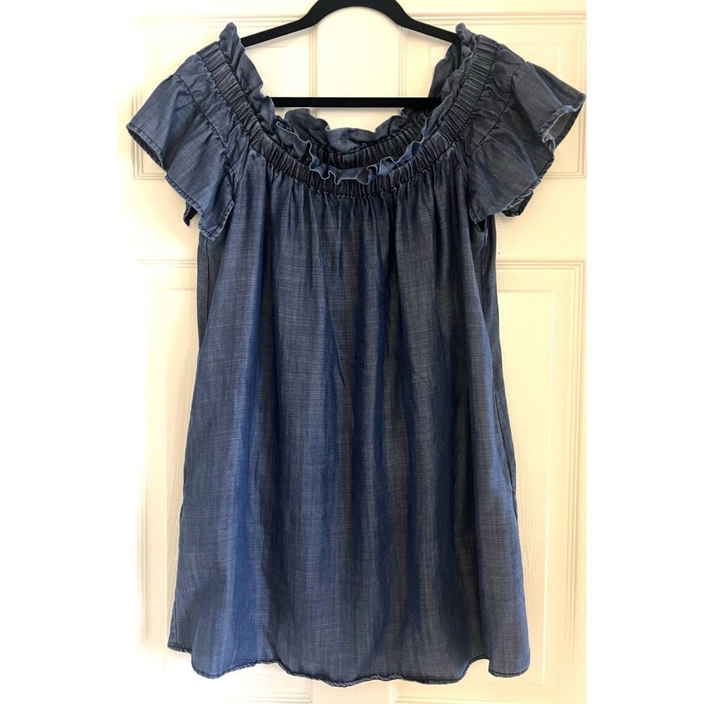 LAJU Los Angeles Anthropologie Shift Dress S Chambray Off Shoulder Blue Coastal